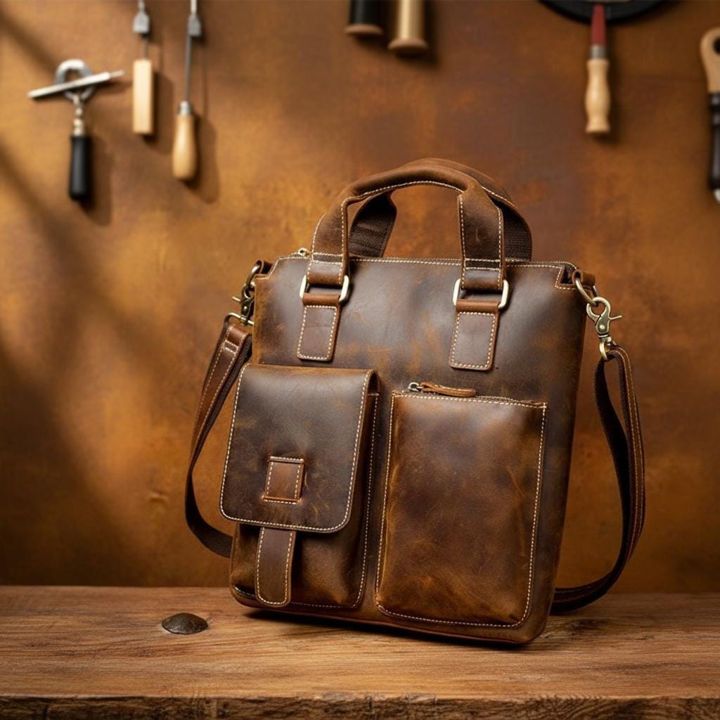 Vintage Crazy Horse Genuine Leather Briefcase for Men, Brown Laptop Shoulder Bag, Handmade Business Crossbody Messenger Bag