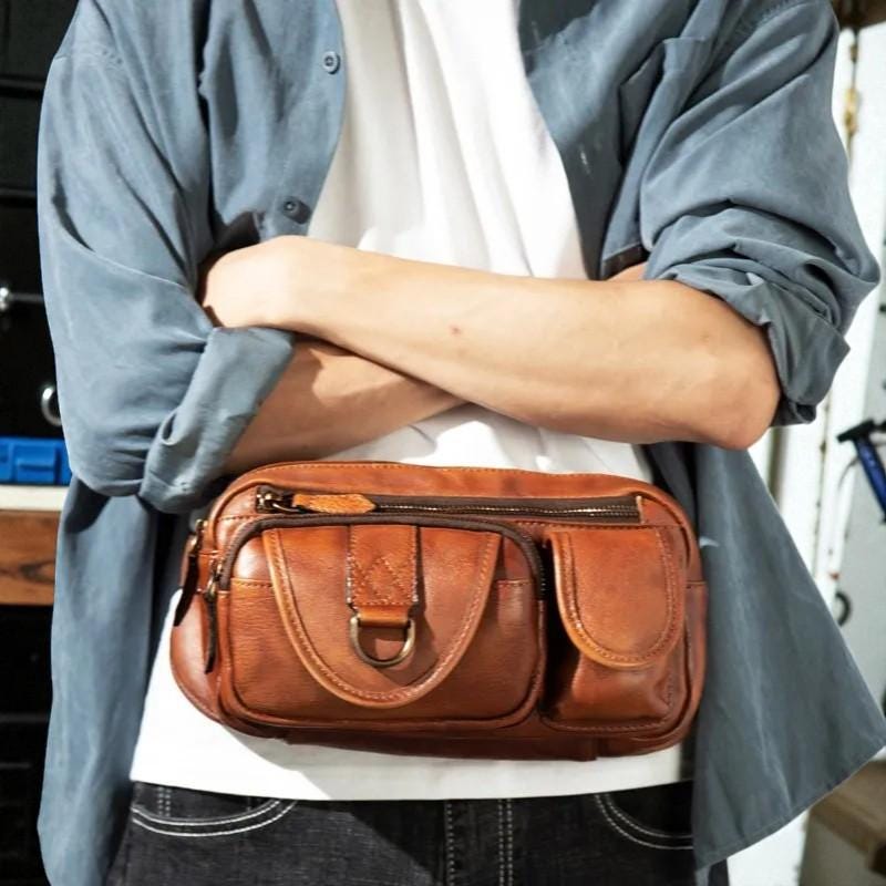 Vegetable Tanned Leather Chest Bag, Men's Crossbody Waist Pack, Vintage Leather Fanny Pack, Rustic Shoulder Sling Bag, Travel Hip Bag