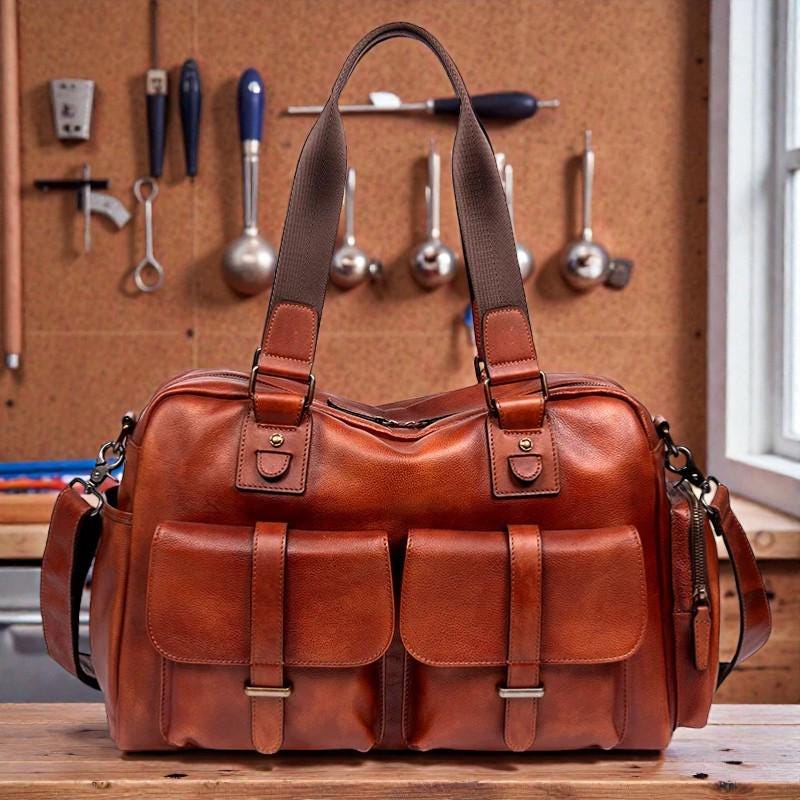Large Leather Travel Bag for Men, Genuine Leather Weekender Bag, Burgundy Business Handbag, Men's Overnight Bag, Vintage Shoulder Bag