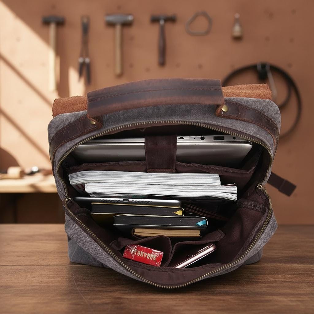 Canvas Leather Backpack – Vintage Military Laptop Rucksack 20-35L, School Travel Bag with Leather Trim