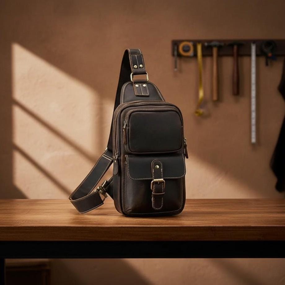 Genuine Leather Chest Bag Men, Crazy Horse Leather Sling Bag, Vintage Crossbody Bag, Mens Shoulder Bag, Travel EDC Pack