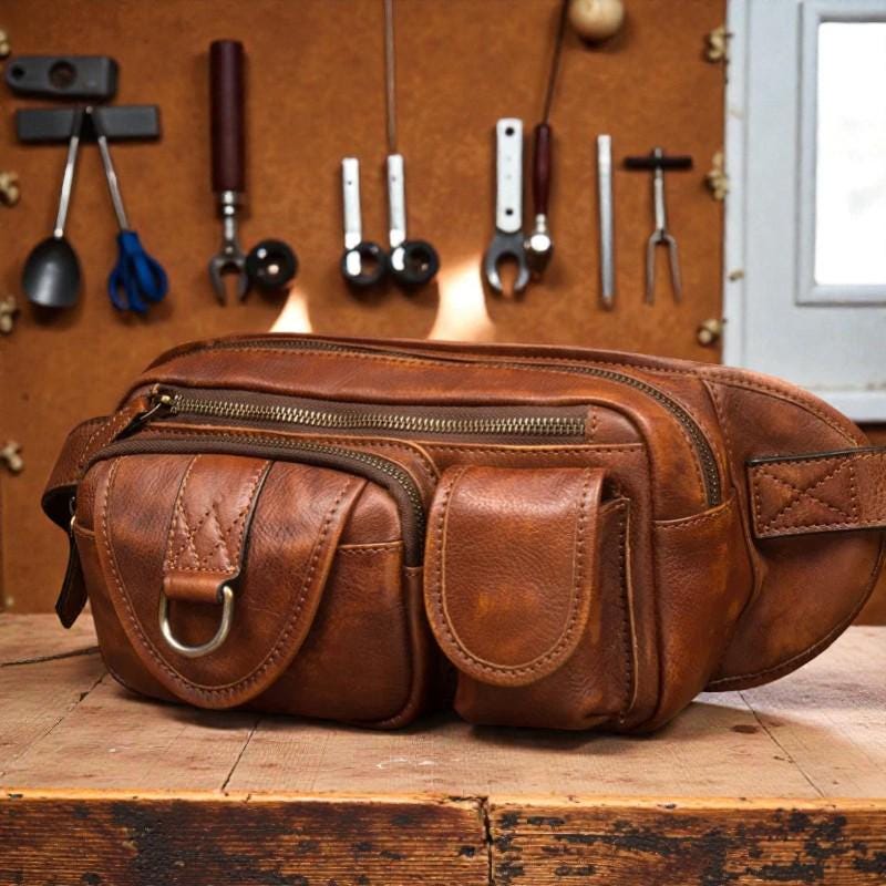 Vegetable Tanned Leather Chest Bag, Men's Crossbody Waist Pack, Vintage Leather Fanny Pack, Rustic Shoulder Sling Bag, Travel Hip Bag