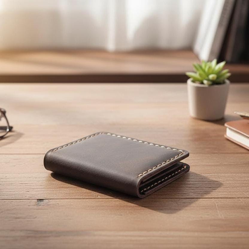 Vintage Crazy Horse Leather Card Holder for Men, Handmade Genuine Cowhide Slim Wallet, Minimalist Business Credit Card Case