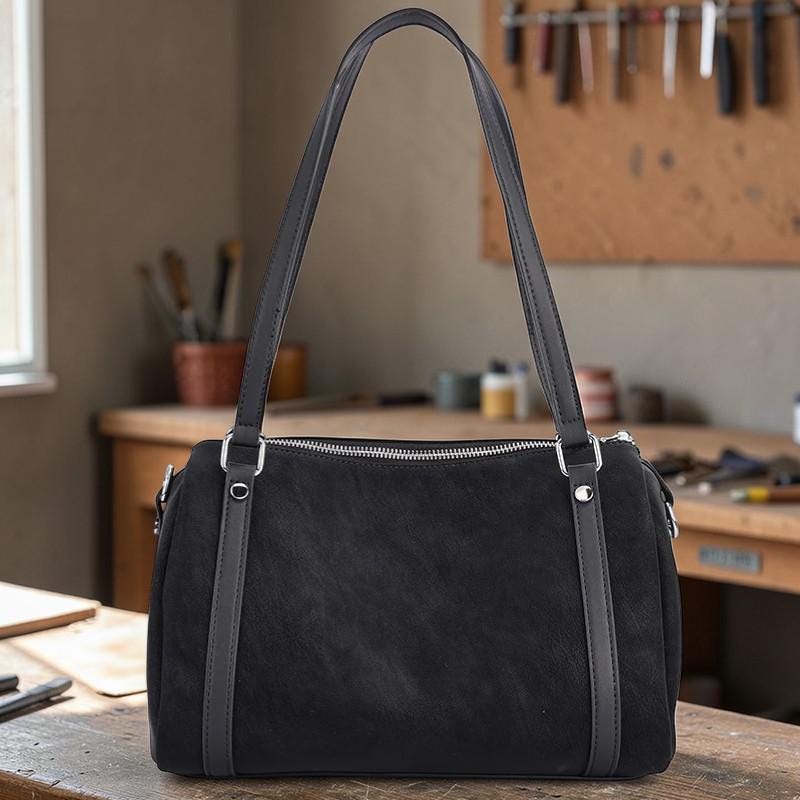 Genuine Suede Leather Shoulder Bag for Women – Vintage Cowhide Crossbody Boston Purse