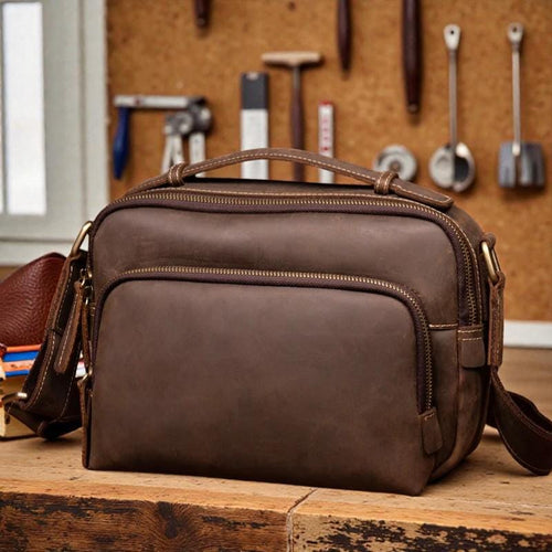 Crazy Horse Leather Messenger Bag, Men's Leather Shoulder Bag, Vintage Satchel for Men, Retro Crossbody Bag, Full Grain Leather Work Bag