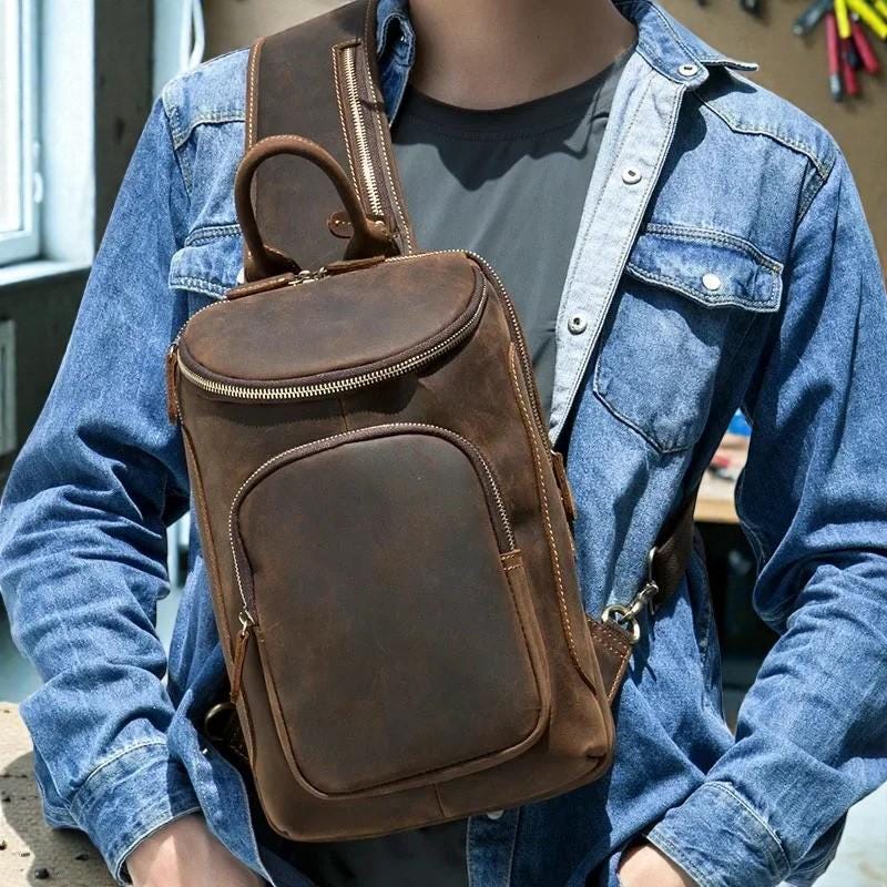 Genuine Leather Chest Bag for Men – Vintage Crazy Horse Sling Backpack Crossbody Travel EDC Shoulder Bag