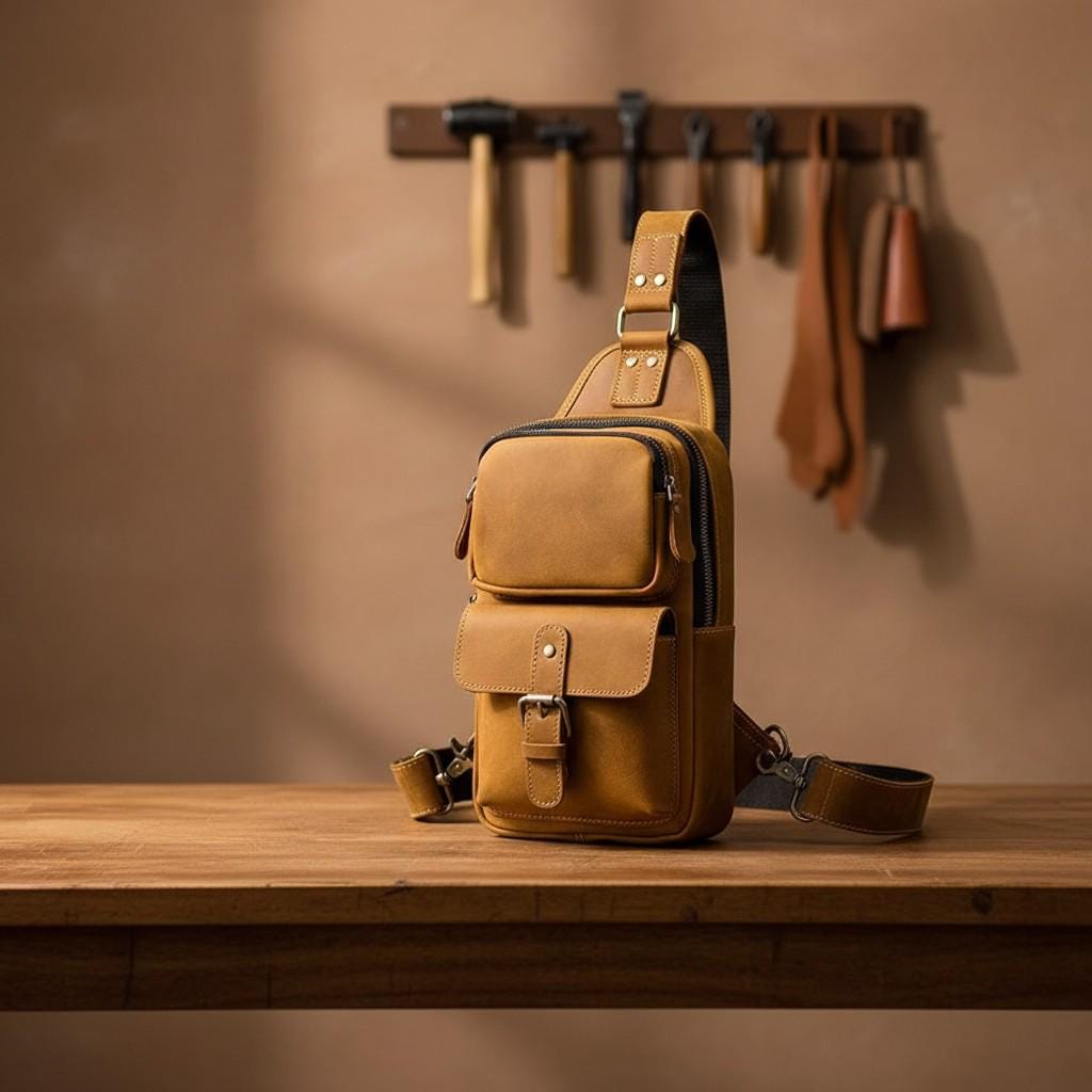 Genuine Leather Chest Bag Men, Crazy Horse Leather Sling Bag, Vintage Crossbody Bag, Mens Shoulder Bag, Travel EDC Pack