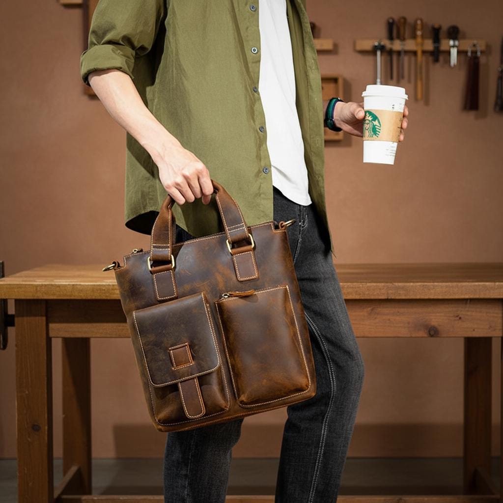 Vintage Crazy Horse Genuine Leather Briefcase for Men, Brown Laptop Shoulder Bag, Handmade Business Crossbody Messenger Bag
