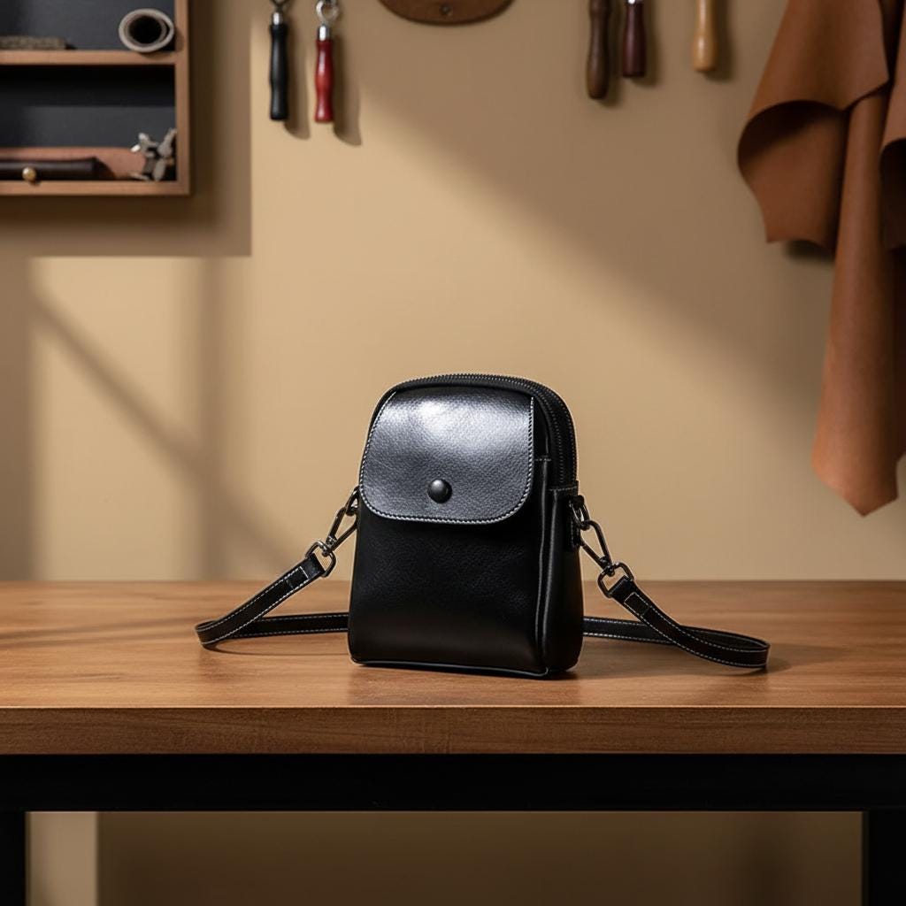 Compact Vertical Leather Crossbody Bag – Genuine Cowhide Phone Shoulder Purse with Flap Pocket for Women