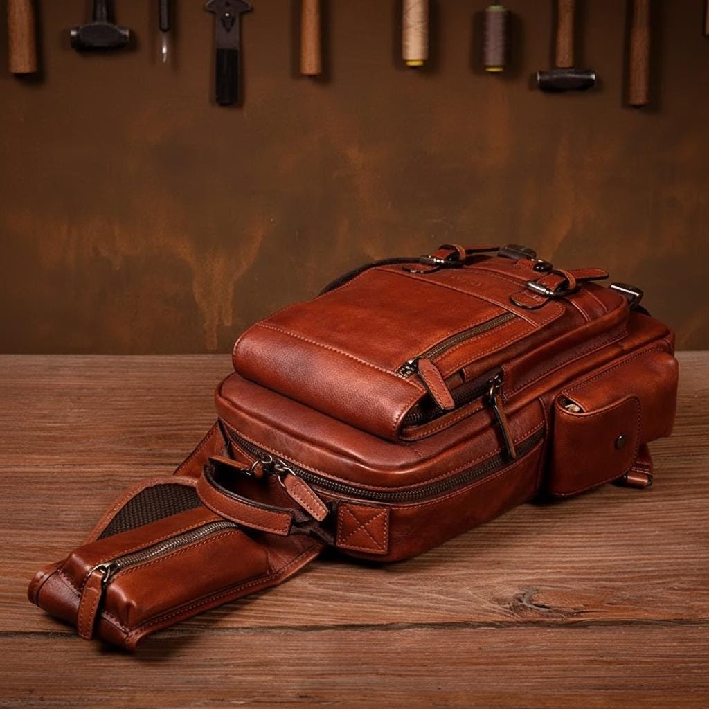 Men's Genuine Leather Chest Bag, Vintage Sling Crossbody Backpack, Cowhide Single Shoulder Bag, Casual Everyday Travel Pack
