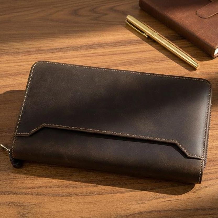 Genuine Leather Travel Wallet for Men – Passport Holder Clutch Organizer with Zipper, Phone Pocket & Card Slots, Vintage Brown Long Wallet
