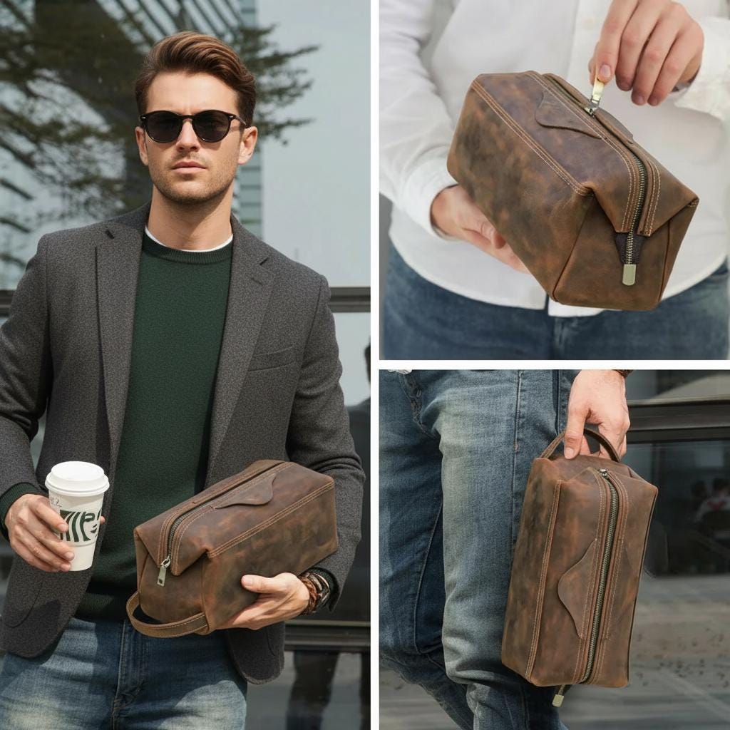 Horse Leather Travel Toiletry Bag, Vintage Genuine Leather Clutch Pouch, Unisex Cosmetic Organizer
