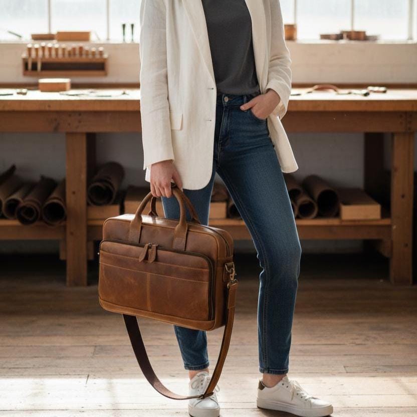 Vintage Genuine Leather Laptop Briefcase 15.6" Mens Business Bag, Retro Cowhide Crazy Horse Leather Office Shoulder Messenger Bag