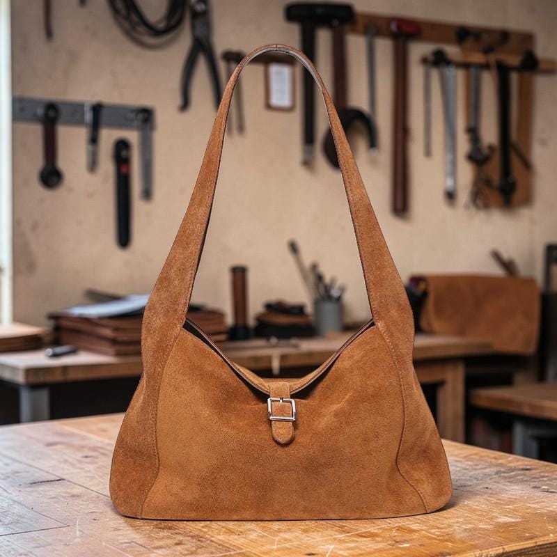 Natural Suede Leather Shoulder Bag for Women – Soft Cowhide Hobo Purse