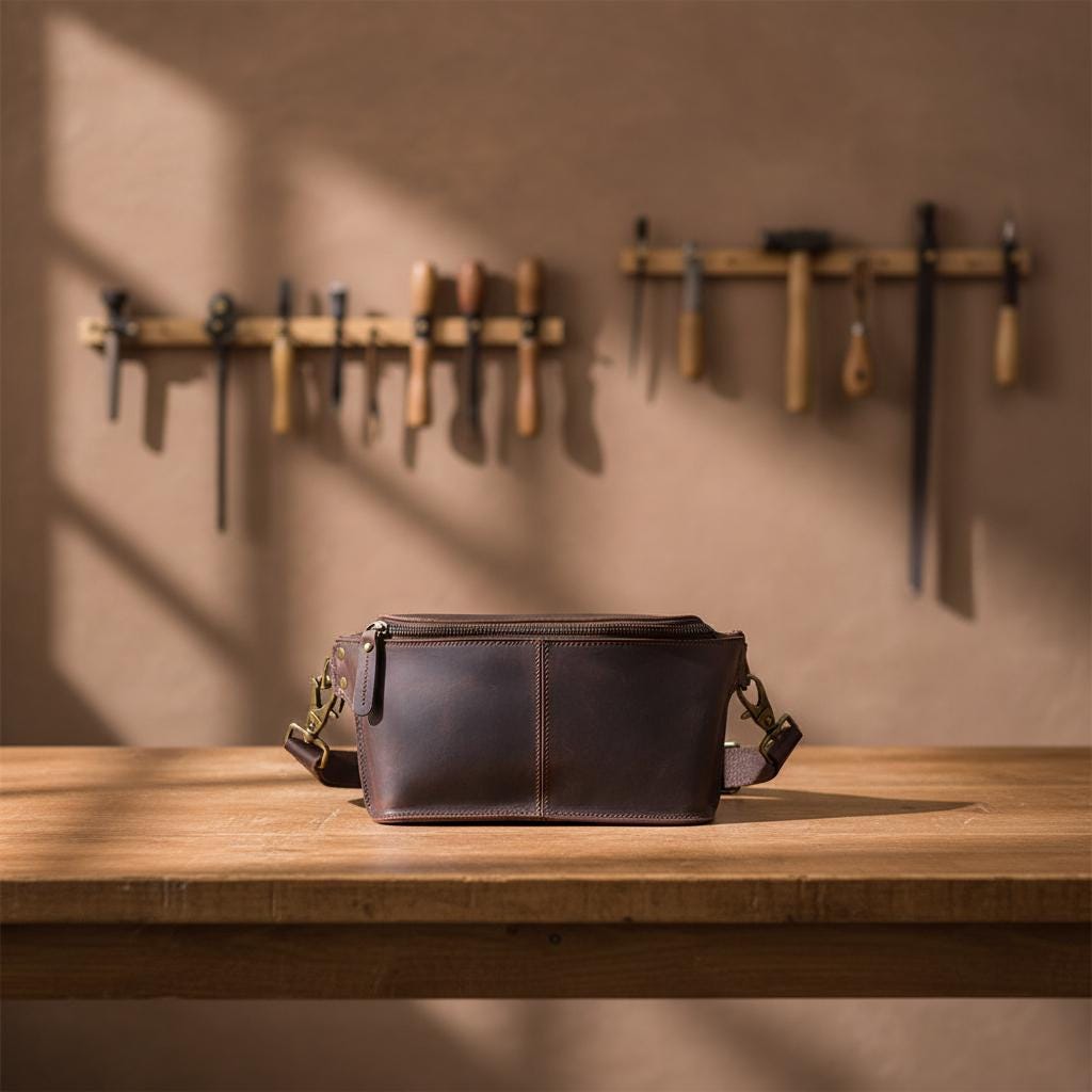 Leather Chest Bag for Men – Genuine Cowhide Crossbody Sling Bag, Dark Coffee Small Shoulder Phone Bag