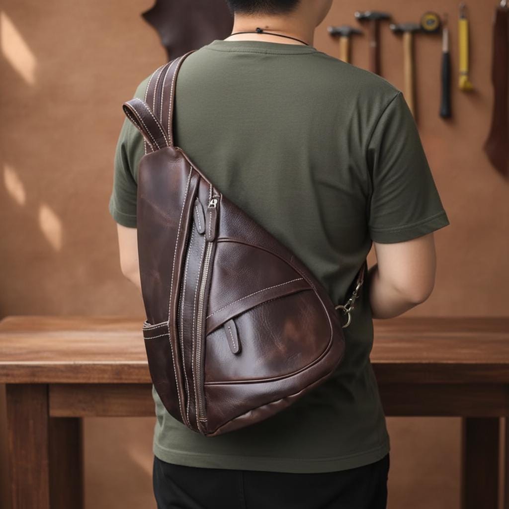 Leather Chest Bag for Men, Genuine Cowhide Sling Backpack, Crossbody Shoulder Bag, Brown Leather Travel Bag