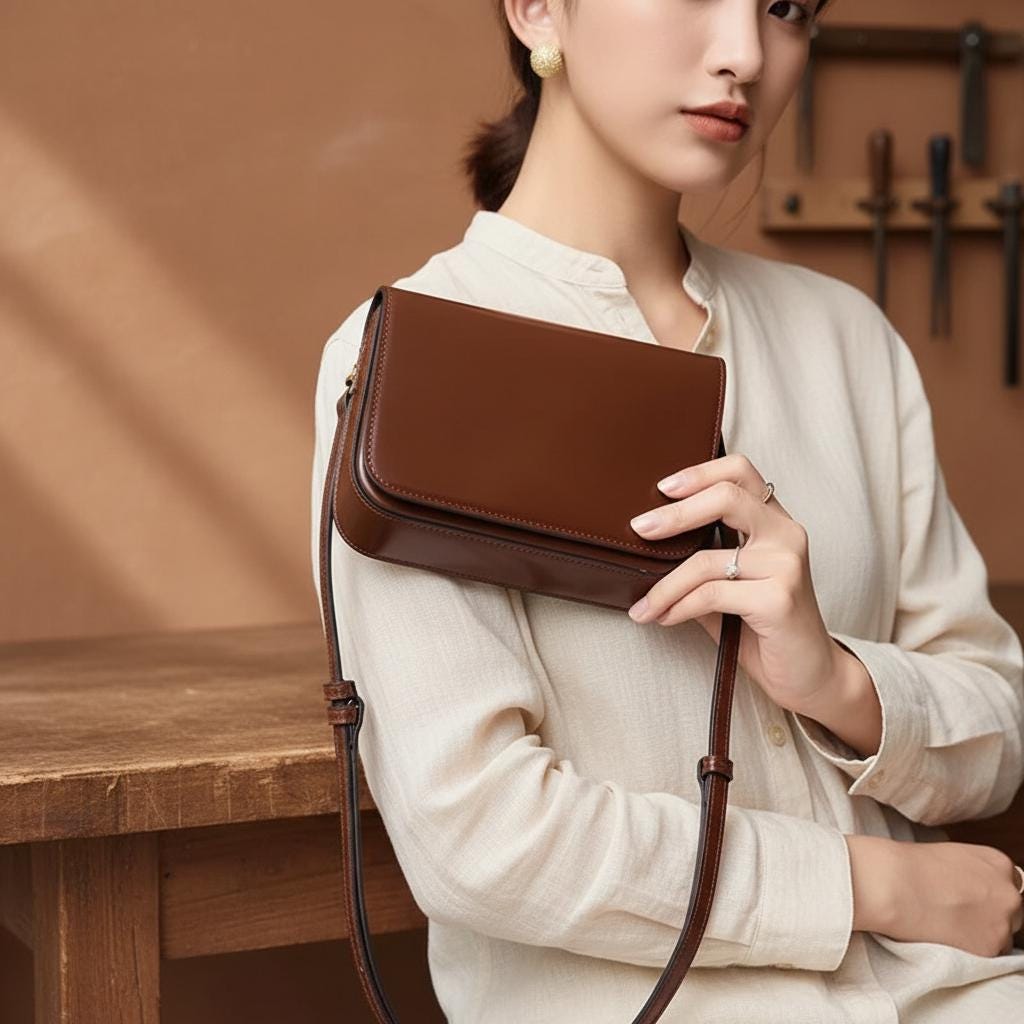 Genuine Leather Small Crossbody Bag for Women, Brown Cowhide Retro Shoulder Purse, Minimalist Flap Handbag