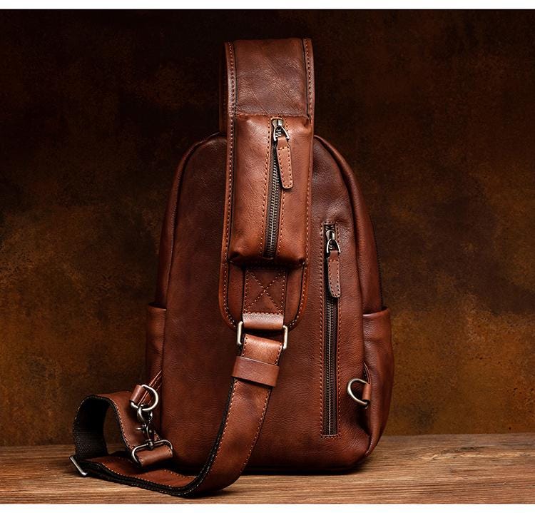 Men’s Genuine Leather Chest Bag – Vintage Sling Backpack, Crossbody Backpack, Large Capacity Cowhide Shoulder Bag for Travel