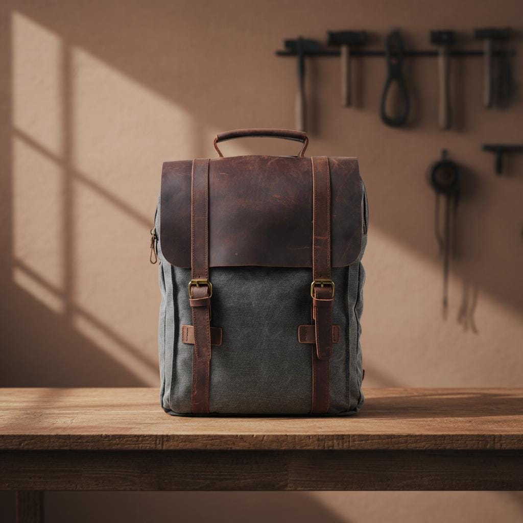 Canvas Leather Backpack – Vintage Military Laptop Rucksack 20-35L, School Travel Bag with Leather Trim