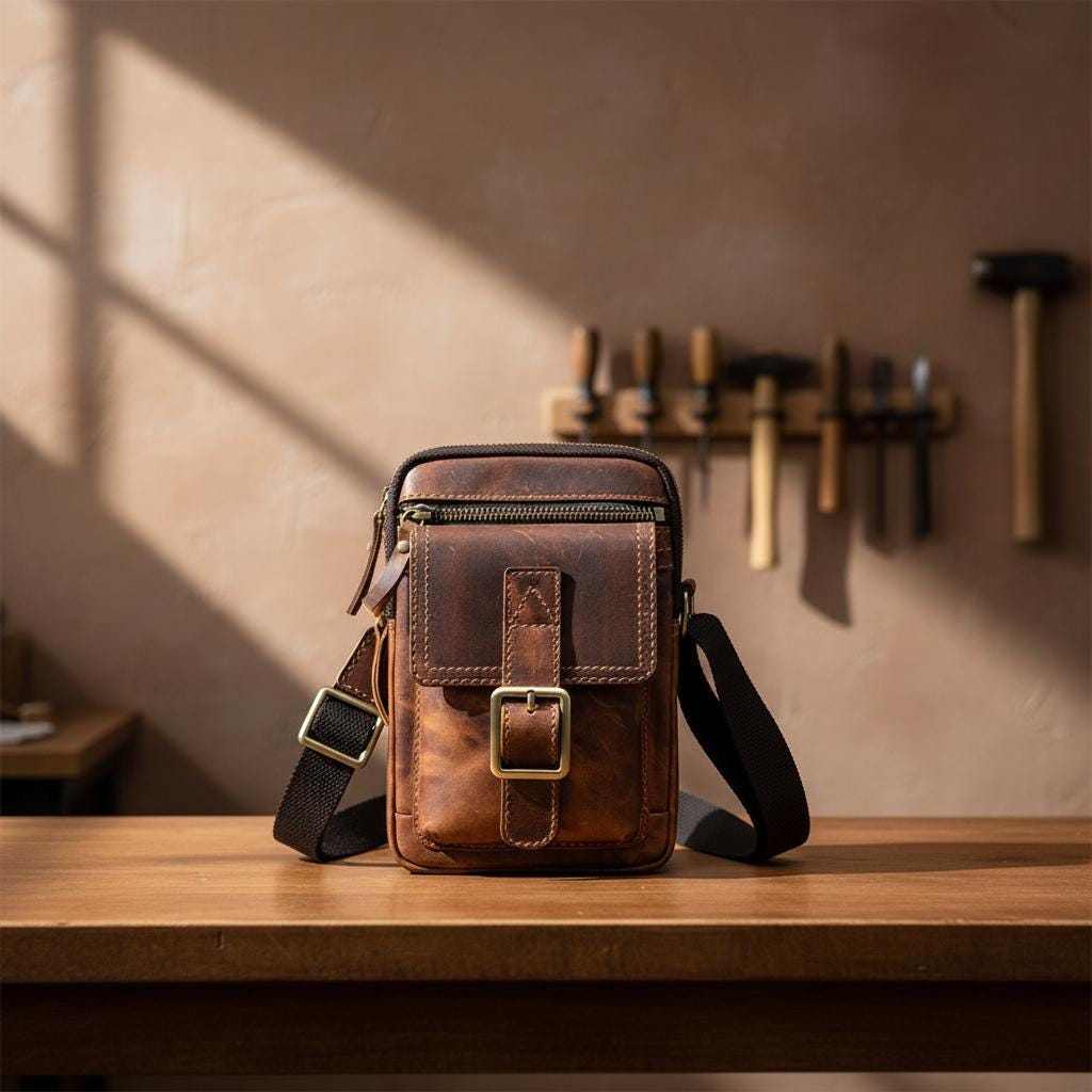 Retro Crazy Horse Leather Men’s Crossbody Bag – Genuine Cowhide Shoulder Messenger Bag, Small Vintage Waist Chest Bag