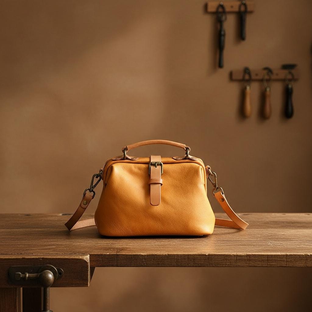Genuine Leather Doctor Bag for Women, Vintage Handmade Cowhide Handbag, Retro Structured Shoulder Purse