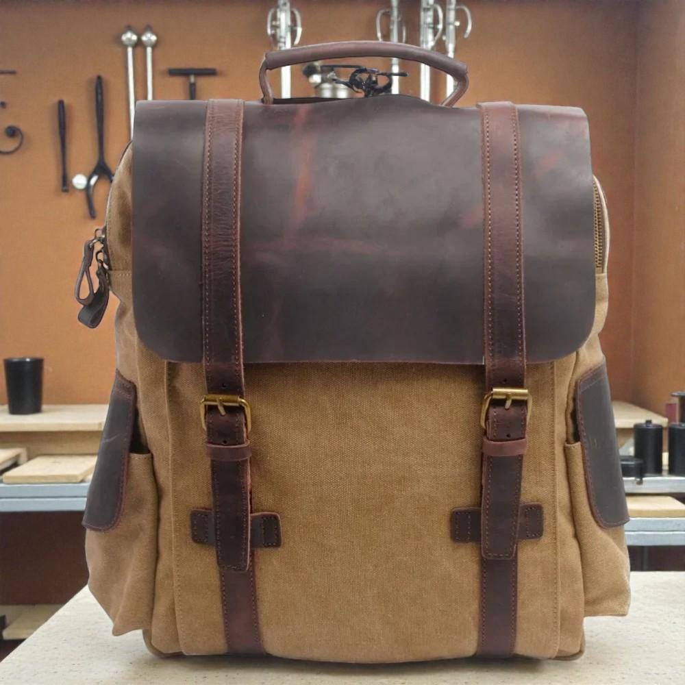 Vintage Canvas Leather Backpack – Unisex Travel Backpack, Military Laptop Backpack, Large Capacity Hiking Bag, Canvas Rucksack