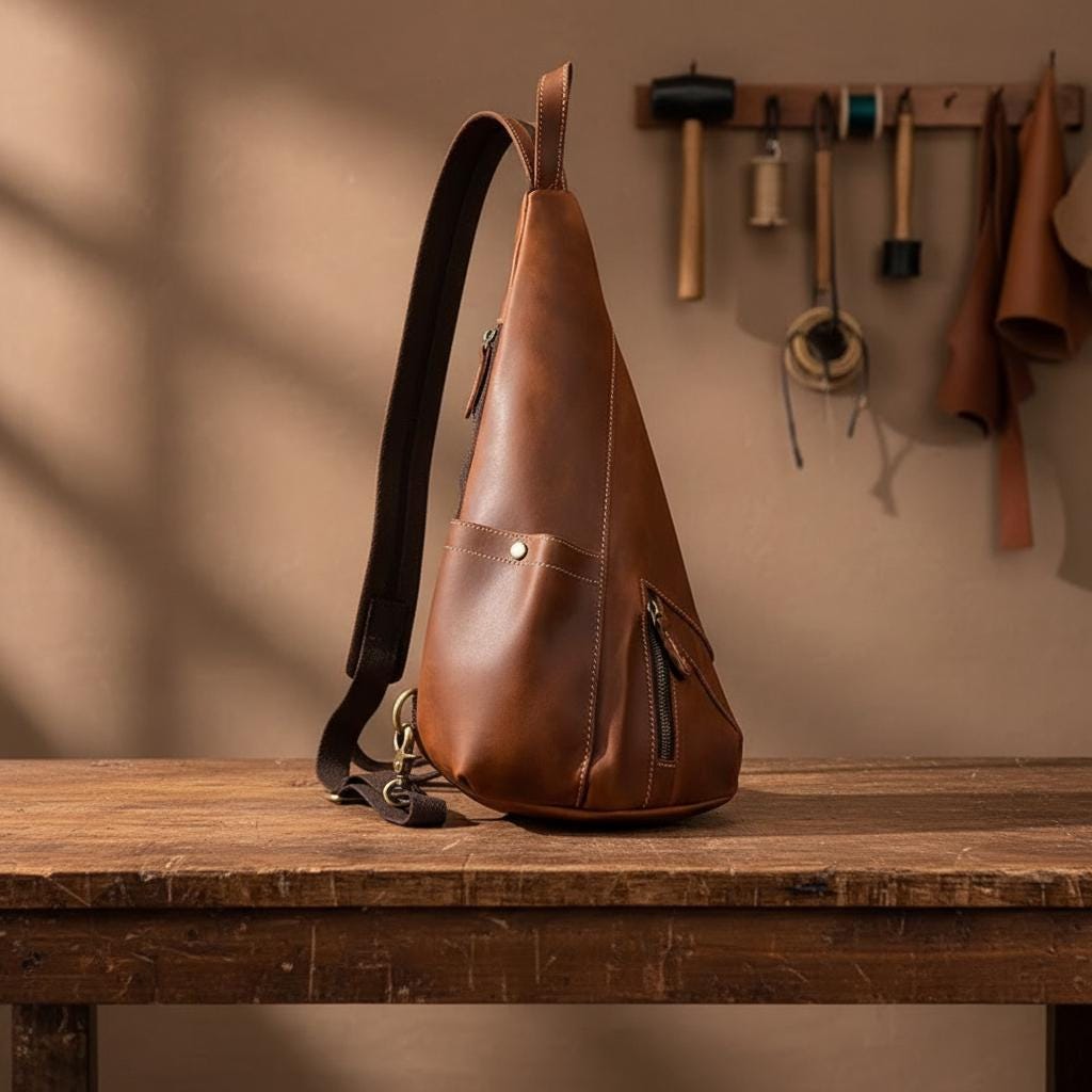 Leather Chest Bag for Men, Genuine Cowhide Sling Backpack, Crossbody Shoulder Bag, Brown Leather Travel Bag