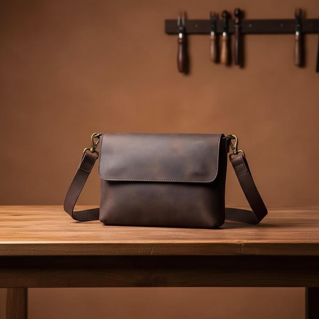 Leather Crossbody Bag for Men – Brown Vintage Cowhide Shoulder Satchel for 7.9" iPad & Everyday Carry
