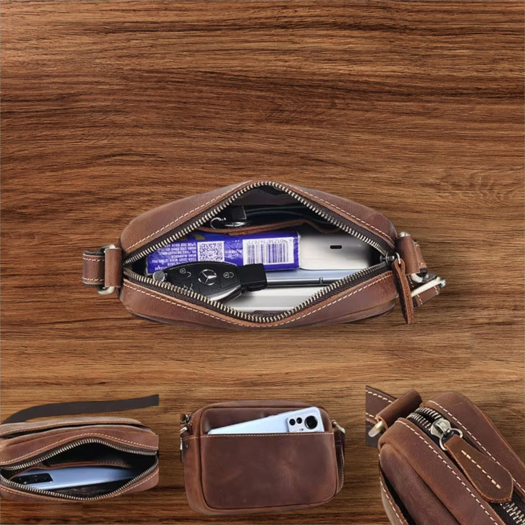Horse Leather Crossbody Bag for Men, Genuine Cowhide Messenger Shoulder Bag, Small Minimalist Phone Sling Bag