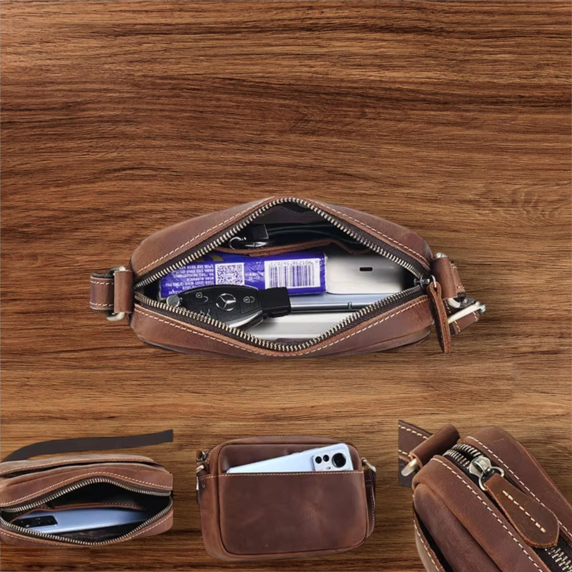 Horse Leather Crossbody Bag for Men, Genuine Cowhide Messenger Shoulder Bag, Small Minimalist Phone Sling Bag