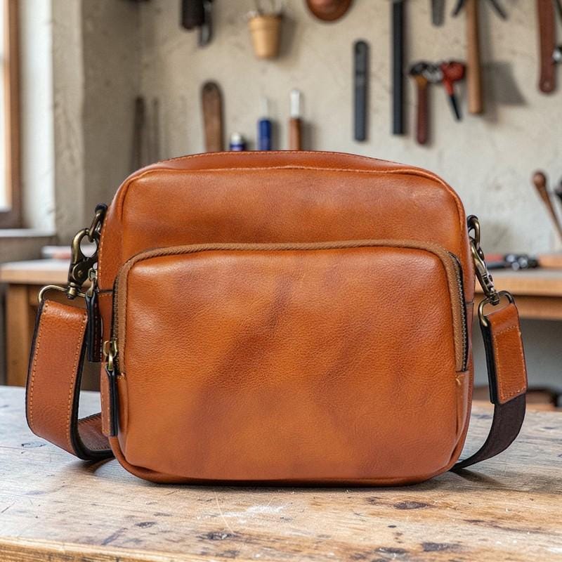 Men's Genuine Leather Crossbody Bag – Small Shoulder Messenger Bag, First Layer Cowhide Phone Bag, Vintage Everyday Travel Purse