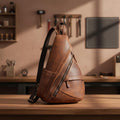 Leather Chest Bag for Men, Genuine Cowhide Sling Backpack, Crossbody Shoulder Bag, Brown Leather Travel Bag