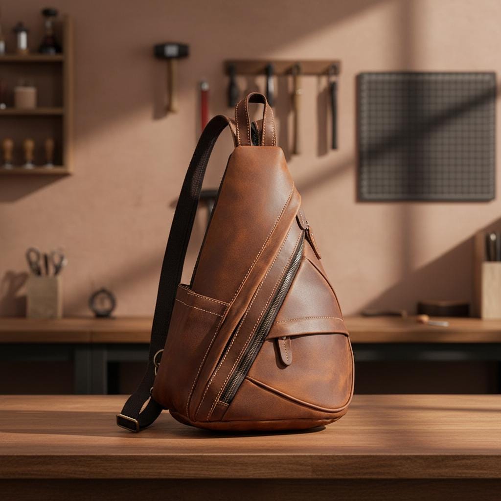 Leather Chest Bag for Men, Genuine Cowhide Sling Backpack, Crossbody Shoulder Bag, Brown Leather Travel Bag