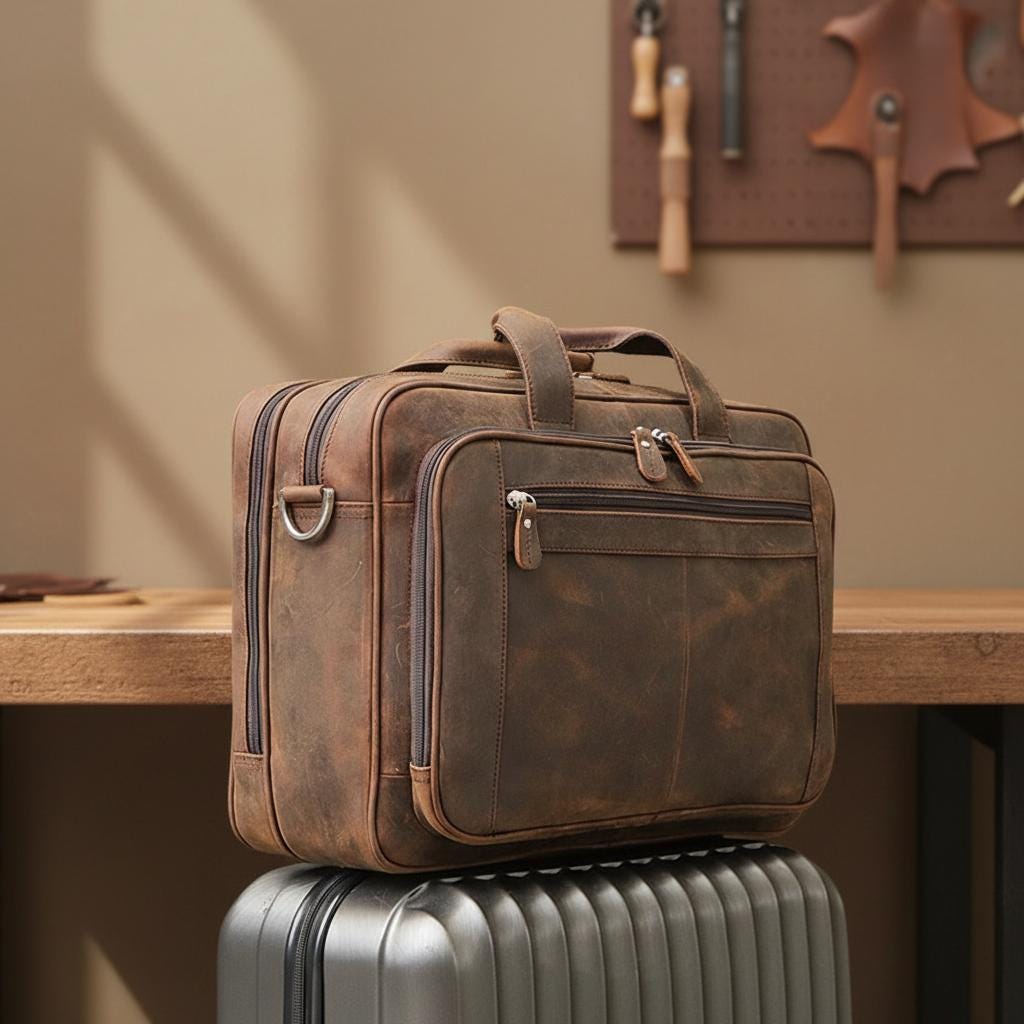 Vintage Crazy Horse Genuine Leather Briefcase 17 Inch Laptop Bag for Men – Large Brown Business Messenger Shoulder Bag