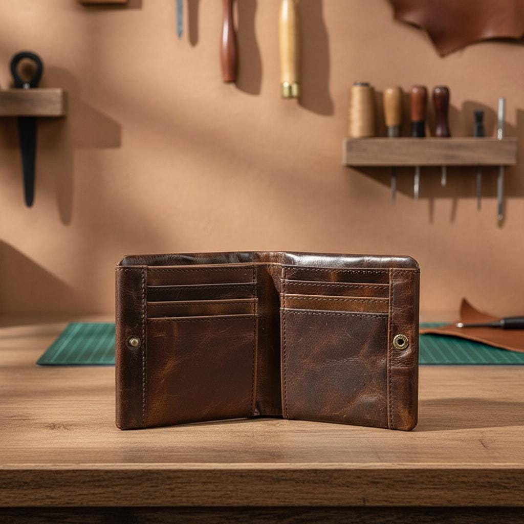 Leather Short Bifold Wallet for Men, Crazy Horse Cowhide Card Holder, Vintage Minimalist Slim Wallet, Handmade Style Gift for Him