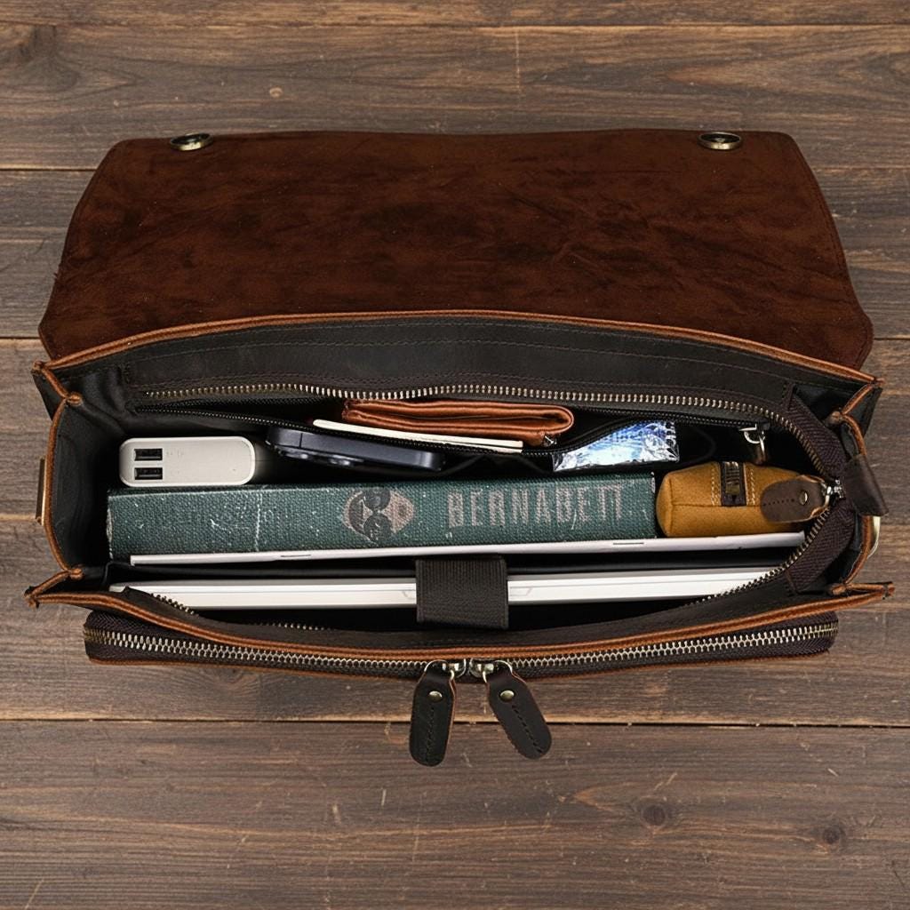 Unisex Genuine Leather Briefcase 14'' Laptop Bag – Brown Business Messenger Shoulder Bag for Work & Office