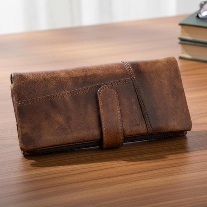 Vintage Full Grain Leather Long Wallet for Men – Crazy Horse Oil Wax Zipper Clutch Wallet, Travel Organizer Card Holder