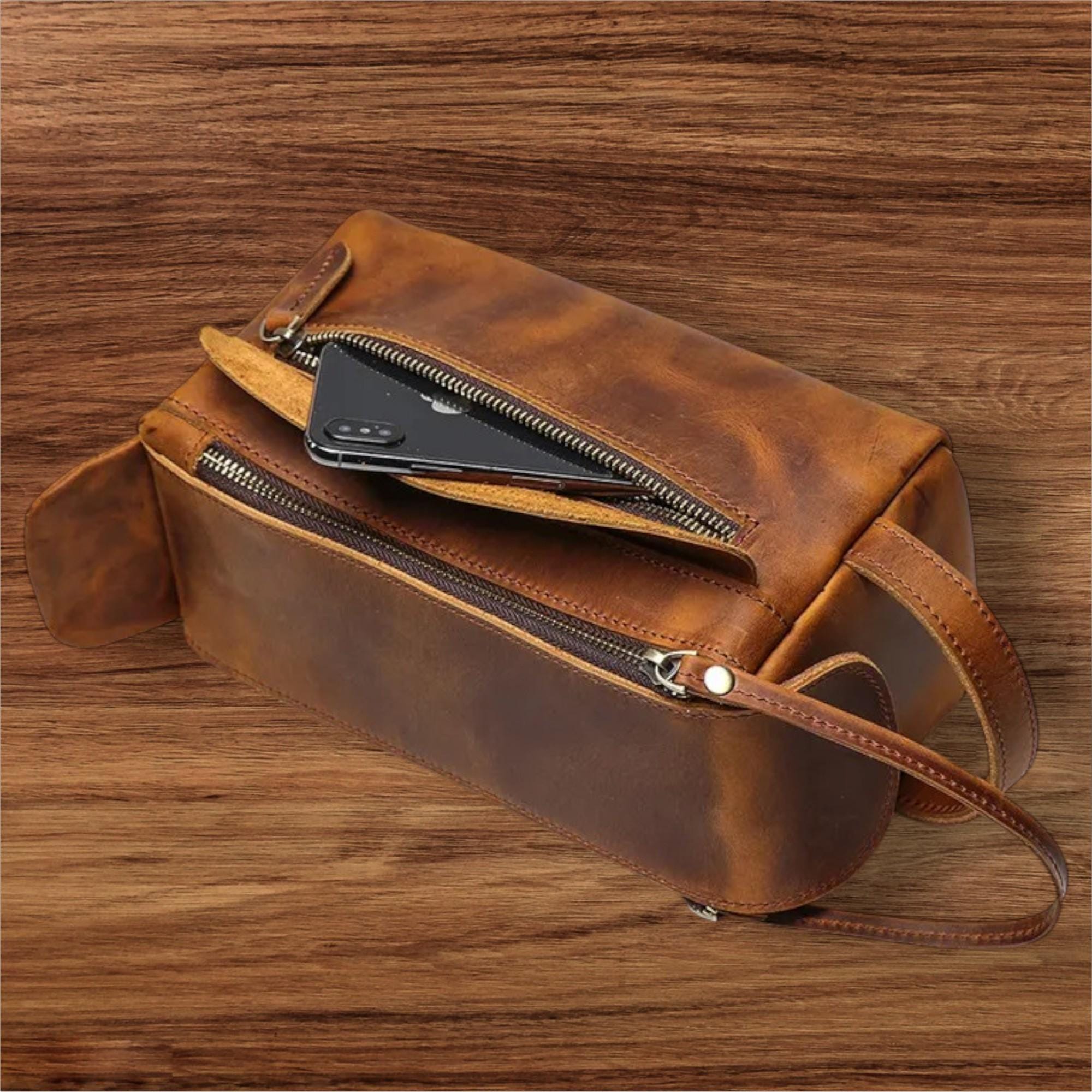 Horse Leather Travel Toiletry Bag, Vintage Genuine Leather Clutch Pouch, Unisex Dopp Kit Organizer