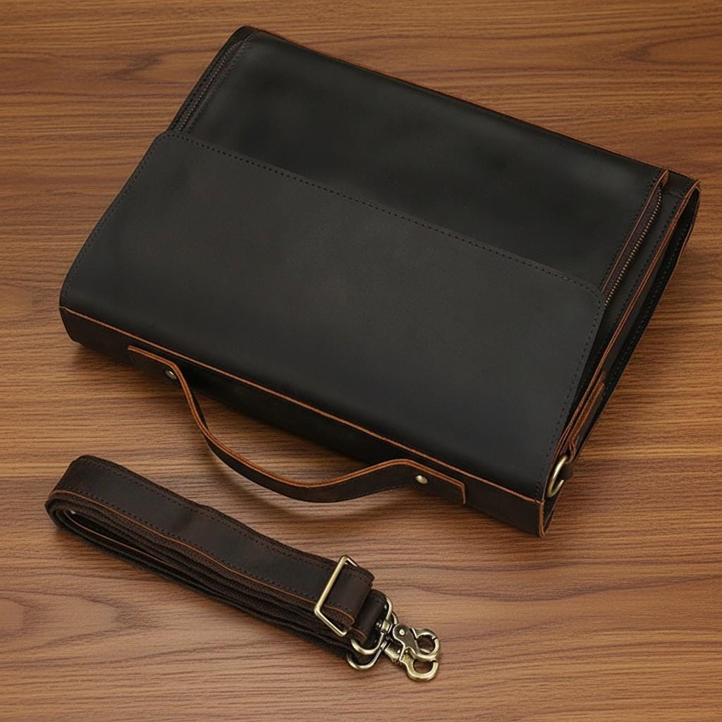 Unisex Genuine Leather Briefcase 14'' Laptop Bag – Brown Business Messenger Shoulder Bag for Work & Office