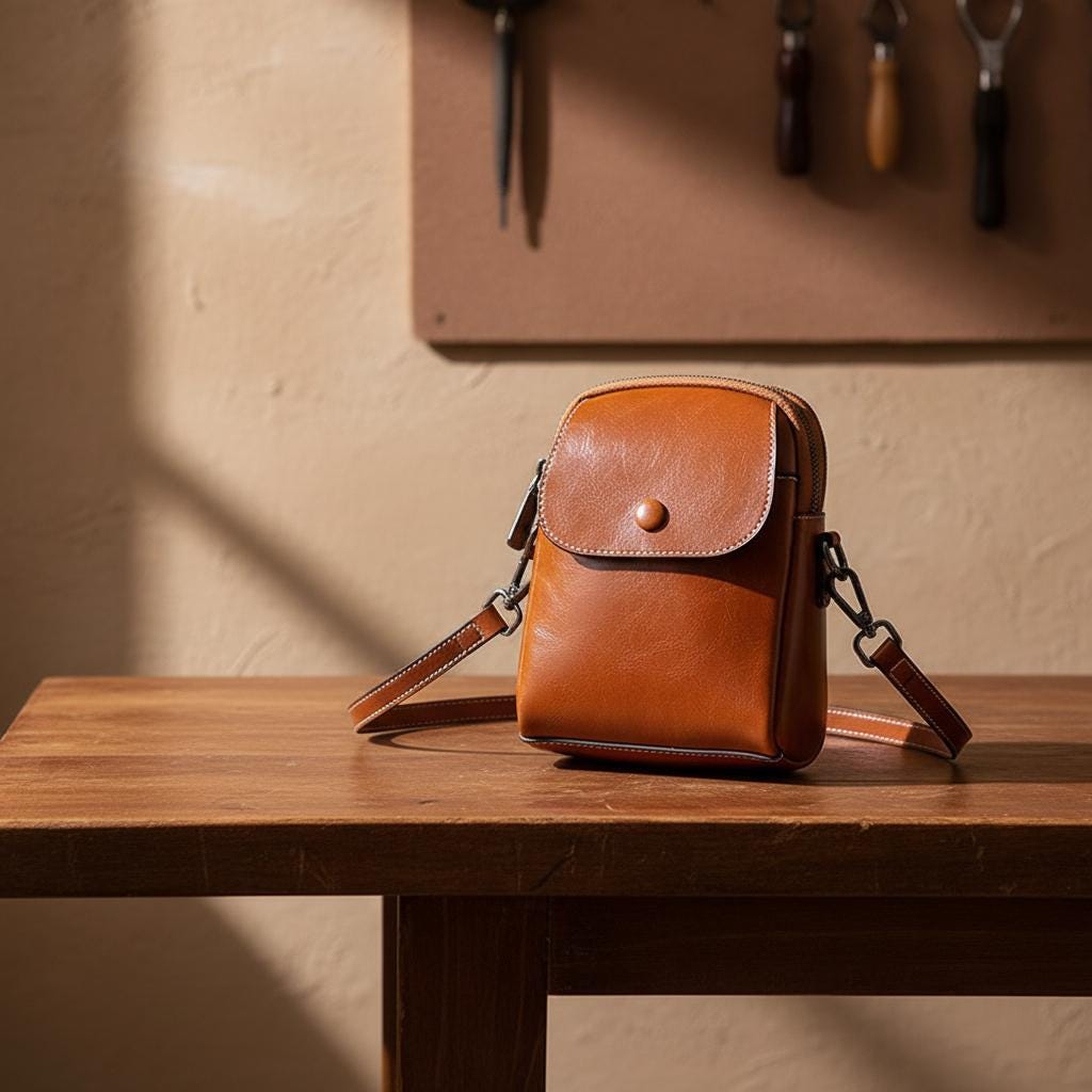 Compact Vertical Leather Crossbody Bag – Genuine Cowhide Phone Shoulder Purse with Flap Pocket for Women