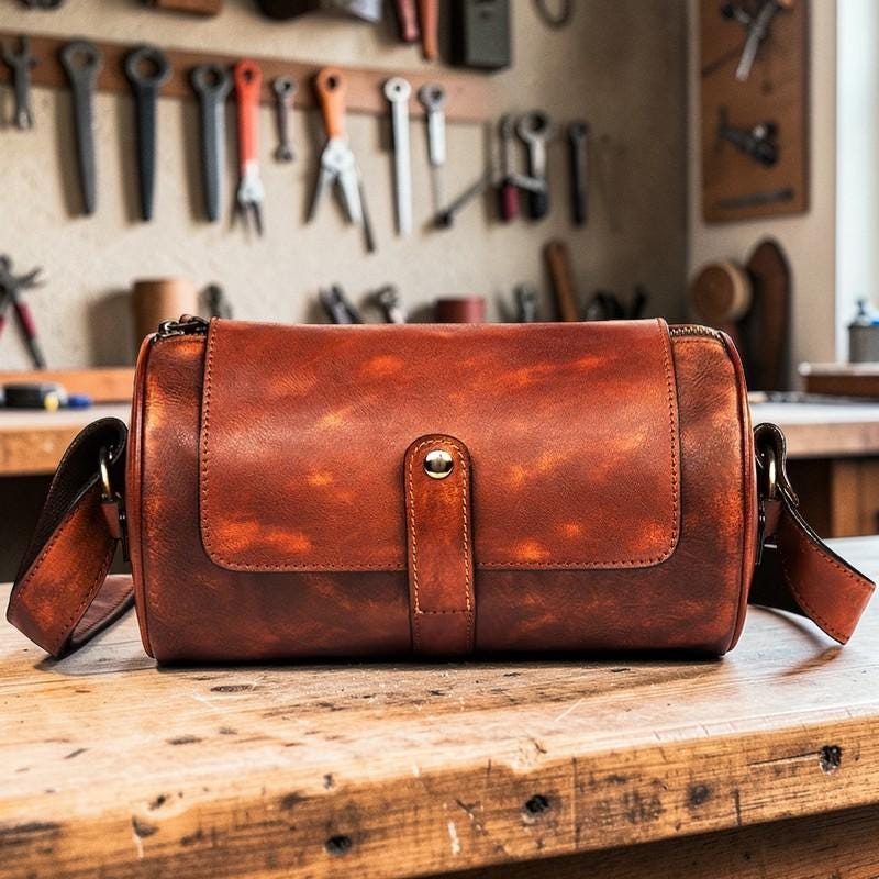 Vegetable Tanned Leather Cylinder Bag, Round Crossbody Satchel for Men and Women, Distressed Leather Drum Bag, Unisex Vintage Shoulder Bag