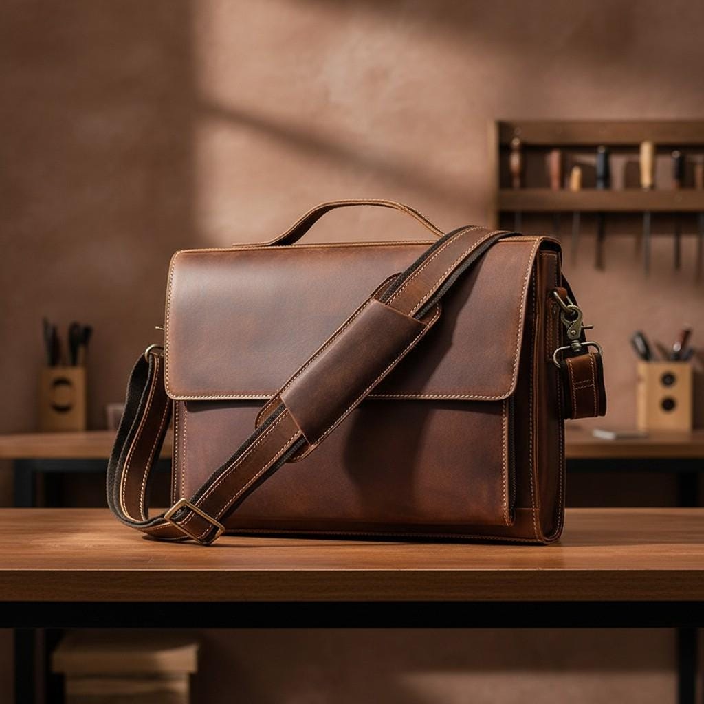 Unisex Genuine Leather Briefcase 14'' Laptop Bag – Brown Business Messenger Shoulder Bag for Work & Office