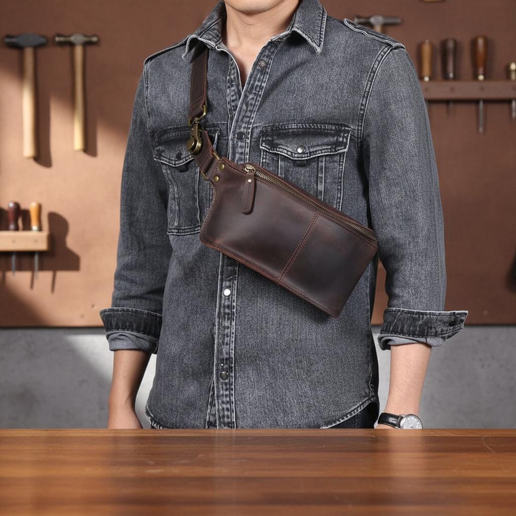 Leather Chest Bag for Men – Genuine Cowhide Crossbody Sling Bag, Dark Coffee Small Shoulder Phone Bag