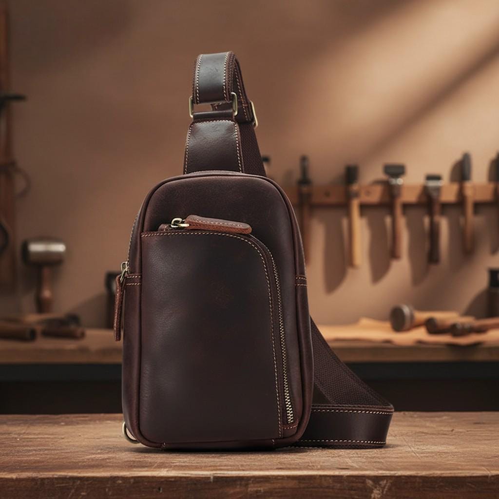 Leather Men's Chest Bag, Vintage Crazy Horse Sling Bag, Premium Cowhide Crossbody Travel Backpack