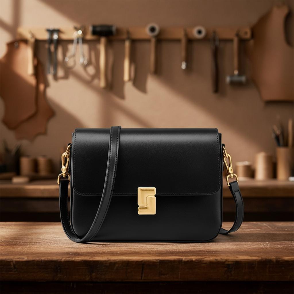 Genuine Leather Shoulder Bag, Cowhide Square Crossbody Purse with Gold Lock