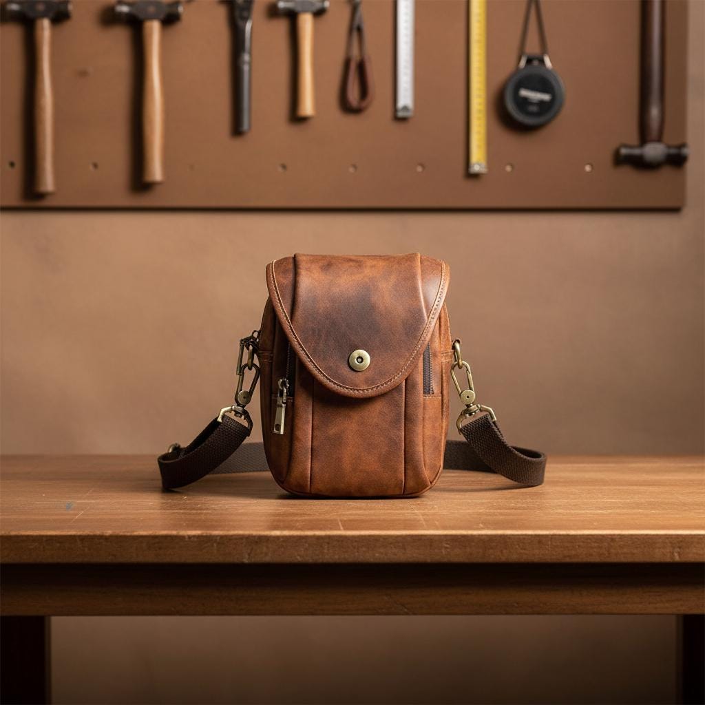 Leather Men's Sling Bag, Vintage Crossbody Waist Bag, Cowhide Casual Travel Phone Pouch