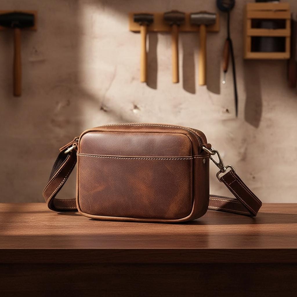 Horse Leather Crossbody Bag for Men, Genuine Cowhide Messenger Shoulder Bag, Small Minimalist Phone Sling Bag