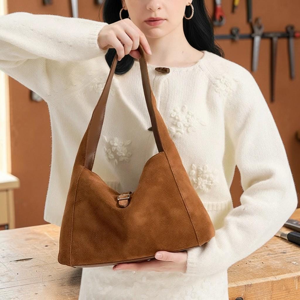 Natural Suede Leather Shoulder Bag for Women – Soft Cowhide Hobo Purse