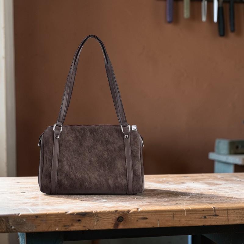 Genuine Suede Leather Shoulder Bag for Women – Vintage Cowhide Crossbody Boston Purse