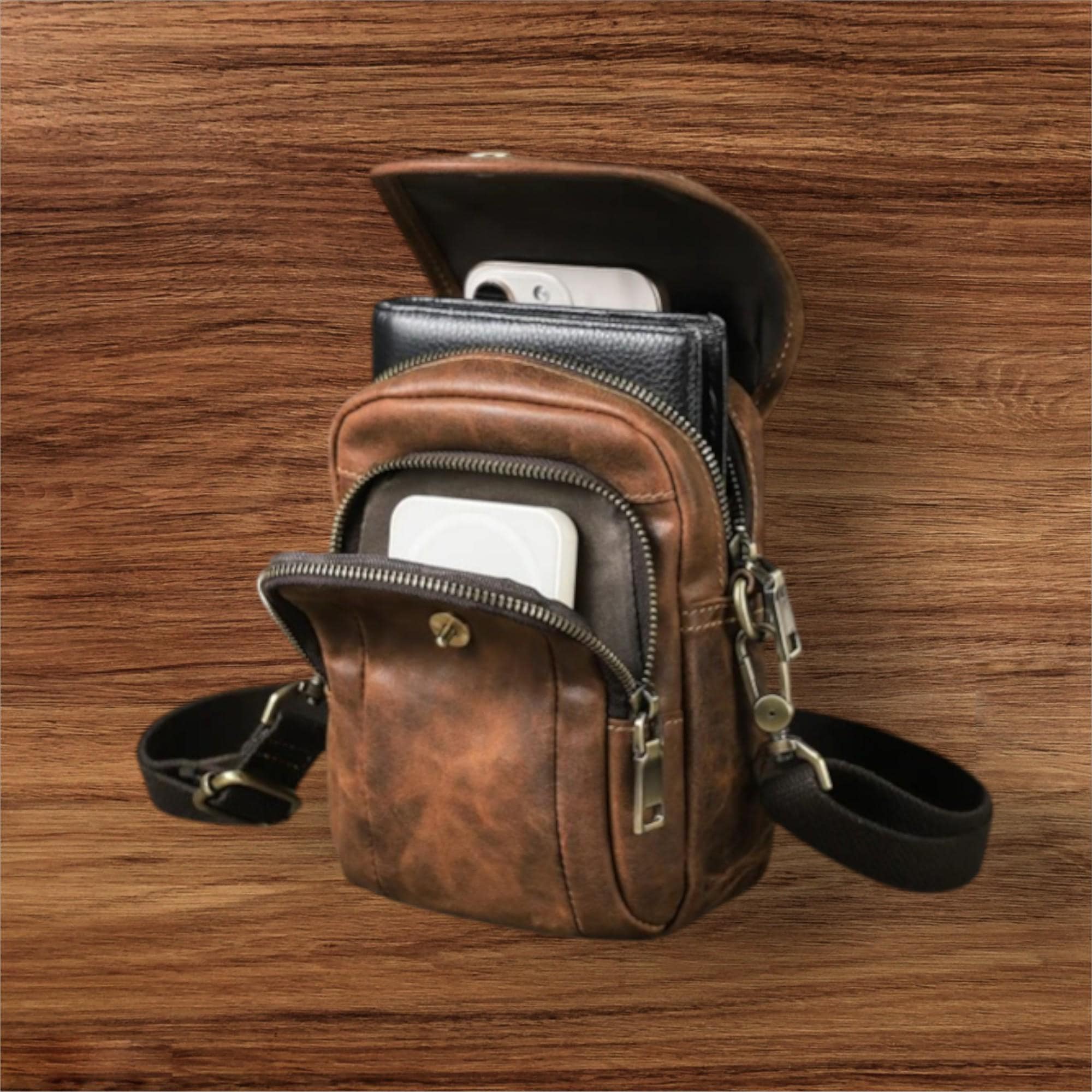 Leather Men's Sling Bag, Vintage Crossbody Waist Bag, Cowhide Casual Travel Phone Pouch